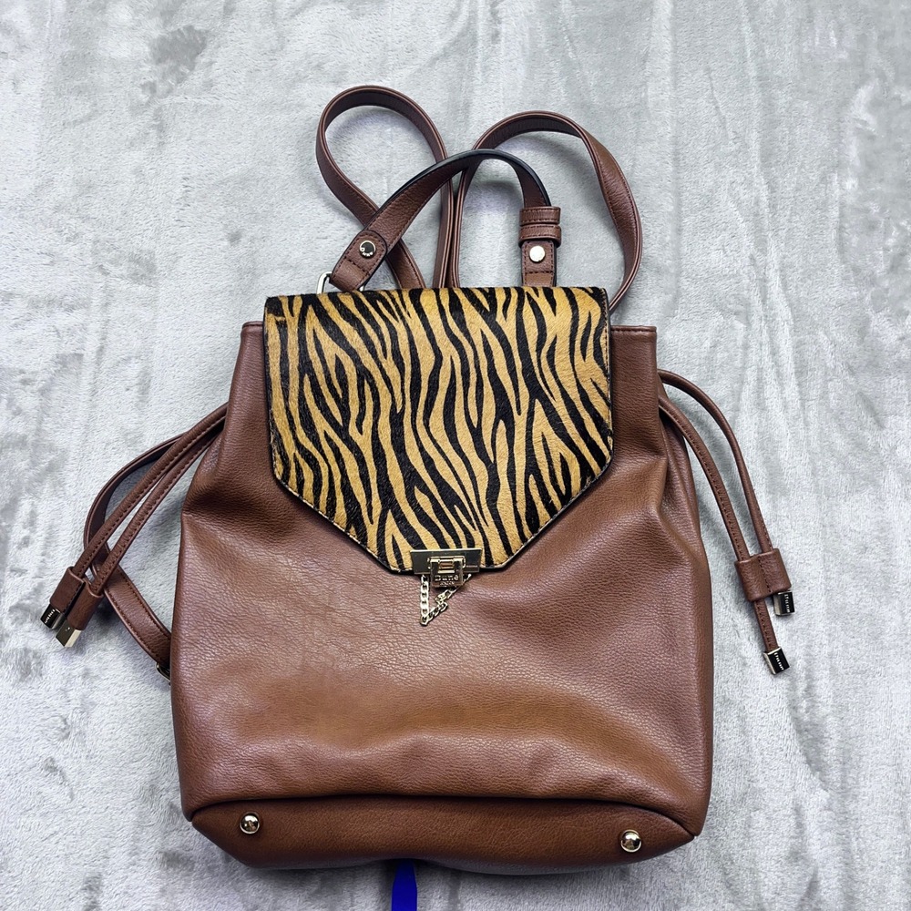 Dune London Brown Leather Tiger Print Flap Backpack Purse Bag Boho Western‎ EUC